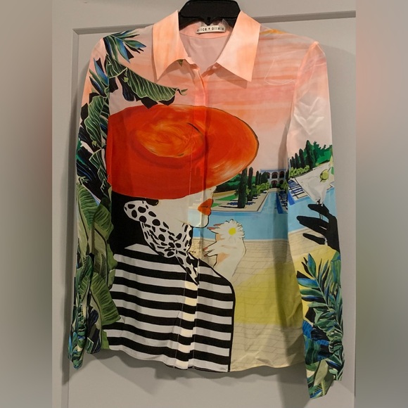NWT Alice + Olivia Willa 100% Silk Graphic Shirt Size Medium Palm Beach Print - Picture 12 of 16
